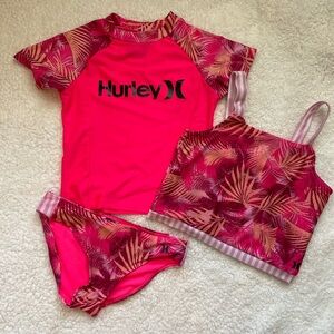 Girls Pink Floral Hurley 3-piece swim set Size 10/12